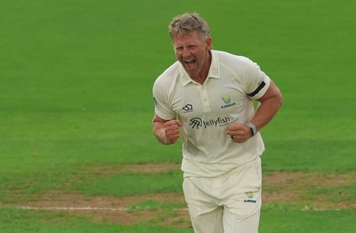 270826 - Glamorgan v Hampshire, Rothesay County Championship Division 1 - Timm van der Gugten of Glamorgan celebrates after taking the wicket of Nick Gubbins of Hampshire
