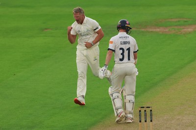 270826 - Glamorgan v Hampshire, Rothesay County Championship Division 1 - Timm van der Gugten of Glamorgan celebrates after taking the wicket of Nick Gubbins of Hampshire