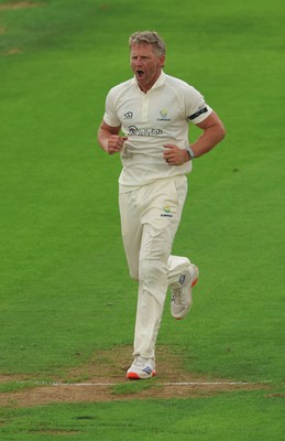 270826 - Glamorgan v Hampshire, Rothesay County Championship Division 1 - Timm van der Gugten of Glamorgan celebrates after taking the wicket of Nick Gubbins of Hampshire