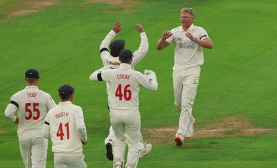 270826 - Glamorgan v Hampshire, Rothesay County Championship Division 1 - Timm van der Gugten of Glamorgan celebrates after taking the wicket of Nick Gubbins of Hampshire
