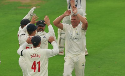 270826 - Glamorgan v Hampshire, Rothesay County Championship Division 1 - Timm van der Gugten of Glamorgan celebrates after taking the wicket of Nick Gubbins of Hampshire