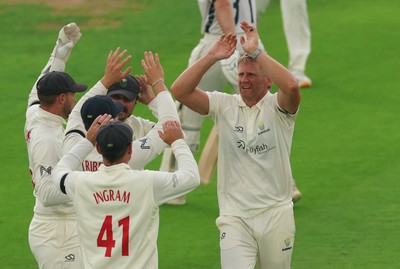 270826 - Glamorgan v Hampshire, Rothesay County Championship Division 1 - Timm van der Gugten of Glamorgan celebrates after taking the wicket of Nick Gubbins of Hampshire