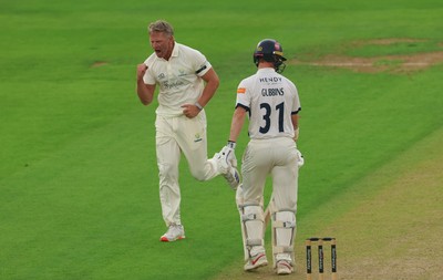 270826 - Glamorgan v Hampshire, Rothesay County Championship Division 1 - Timm van der Gugten of Glamorgan celebrates after taking the wicket of Nick Gubbins of Hampshire
