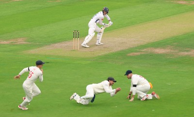 270826 - Glamorgan v Hampshire, Rothesay County Championship Division 1 - Kiran Carlson of Glamorgan fields the ball from Toby Albert of Hampshire