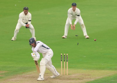 270826 - Glamorgan v Hampshire, Rothesay County Championship Division 1 - Toby Albert of Hampshire is bowled by Zain ul Hassan of Glamorgan