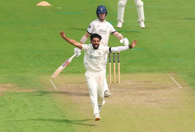 270826 - Glamorgan v Hampshire, Rothesay County Championship Division 1 - Zain ul Hassan of Glamorgan celebrates after taking the wicket of Ali Orr of Hampshire