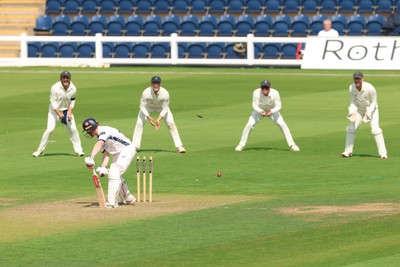 270826 - Glamorgan v Hampshire, Rothesay County Championship Division 1 -  Ben Brown of Hampshire is bowled by Mir Hamza of Glamorgan
