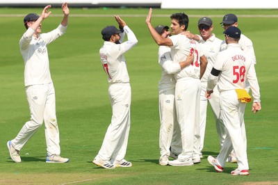 270826 - Glamorgan v Hampshire, Rothesay County Championship Division 1 - Mir Hamza of Glamorgan celebrates after bowling Ben Brown of Hampshire