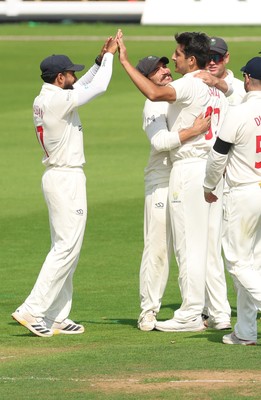 270826 - Glamorgan v Hampshire, Rothesay County Championship Division 1 - Mir Hamza of Glamorgan celebrates after bowling Ben Brown of Hampshire