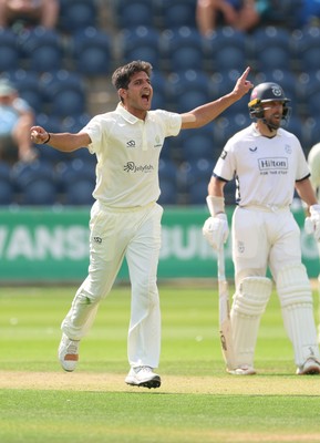 270826 - Glamorgan v Hampshire, Rothesay County Championship Division 1 - Mir Hamza of Glamorgan celebrates after taking the wicket of Andrew Neal of Hampshire