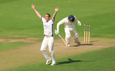 270826 - Glamorgan v Hampshire, Rothesay County Championship Division 1 - Kyle Abbott of Hampshire celebrates as he takes the wicket of Zain ul Hassan of Glamorgan