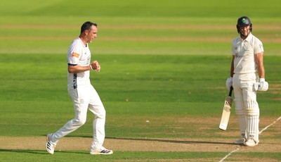 270826 - Glamorgan v Hampshire, Rothesay County Championship Division 1 - Kyle Abbott of Hampshire celebrates as he dismisses Colin Ingram of Glamorgan