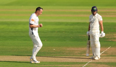 270826 - Glamorgan v Hampshire, Rothesay County Championship Division 1 - Kyle Abbott of Hampshire celebrates as he dismisses Colin Ingram of Glamorgan