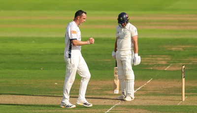 270826 - Glamorgan v Hampshire, Rothesay County Championship Division 1 - Kyle Abbott of Hampshire celebrates as he dismisses Colin Ingram of Glamorgan
