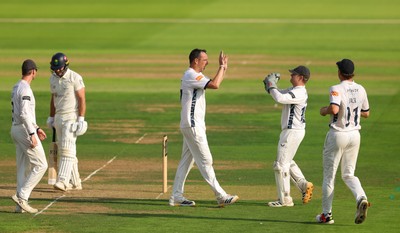 270826 - Glamorgan v Hampshire, Rothesay County Championship Division 1 - Kyle Abbott of Hampshire celebrates as he dismisses Colin Ingram of Glamorgan