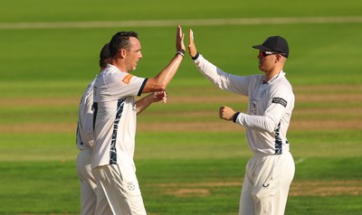 270826 - Glamorgan v Hampshire, Rothesay County Championship Division 1 - Kyle Abbott of Hampshire celebrates as he dismisses Sean Dickson of Glamorgan