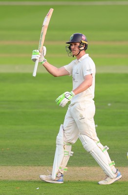 270826 - Glamorgan v Hampshire, Rothesay County Championship Division 1 - Ben Kellaway of Glamorgan celebrates as he makes his 50