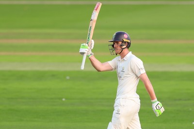 270826 - Glamorgan v Hampshire, Rothesay County Championship Division 1 - Ben Kellaway of Glamorgan celebrates as he makes his 50