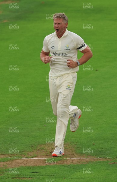 270826 - Glamorgan v Hampshire, Rothesay County Championship Division 1 - Timm van der Gugten of Glamorgan celebrates after taking the wicket of Nick Gubbins of Hampshire