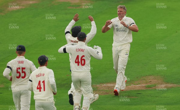 270826 - Glamorgan v Hampshire, Rothesay County Championship Division 1 - Timm van der Gugten of Glamorgan celebrates after taking the wicket of Nick Gubbins of Hampshire