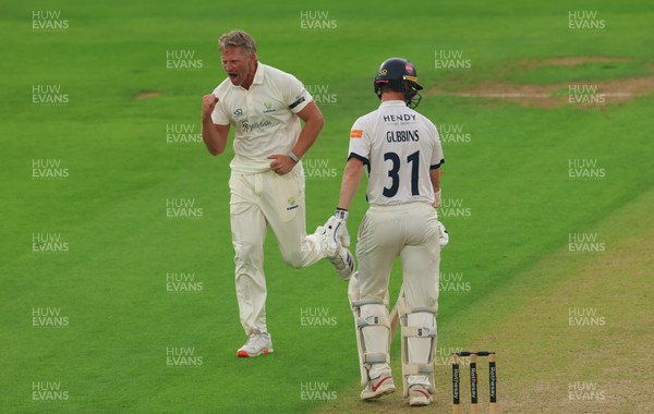 270826 - Glamorgan v Hampshire, Rothesay County Championship Division 1 - Timm van der Gugten of Glamorgan celebrates after taking the wicket of Nick Gubbins of Hampshire