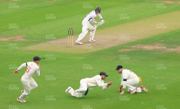 270826 - Glamorgan v Hampshire, Rothesay County Championship Division 1 - Kiran Carlson of Glamorgan fields the ball from Toby Albert of Hampshire