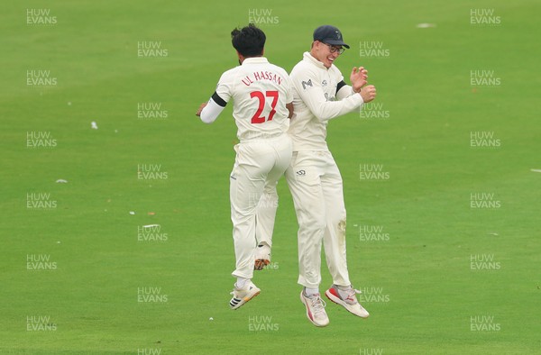 270826 - Glamorgan v Hampshire, Rothesay County Championship Division 1 - Zain ul Hassan of Glamorgan celebrates with Asa Tribe of Glamorgan after he bowls Toby Albert of Hampshire