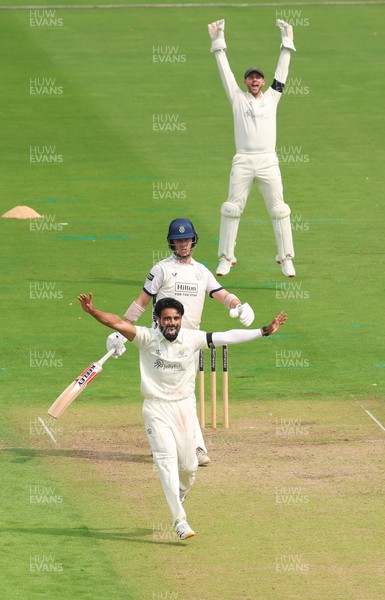 270826 - Glamorgan v Hampshire, Rothesay County Championship Division 1 - Zain ul Hassan of Glamorgan celebrates after taking the wicket of Ali Orr of Hampshire