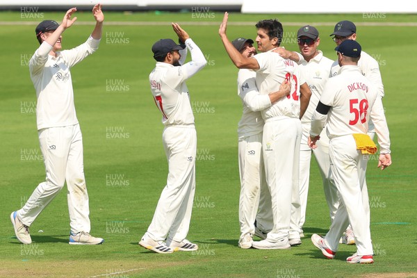 270826 - Glamorgan v Hampshire, Rothesay County Championship Division 1 - Mir Hamza of Glamorgan celebrates after bowling Ben Brown of Hampshire