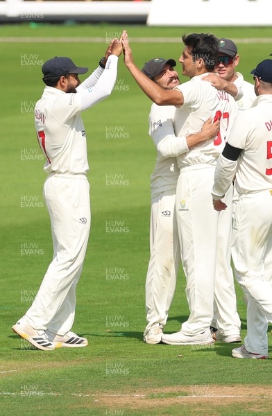 270826 - Glamorgan v Hampshire, Rothesay County Championship Division 1 - Mir Hamza of Glamorgan celebrates after bowling Ben Brown of Hampshire