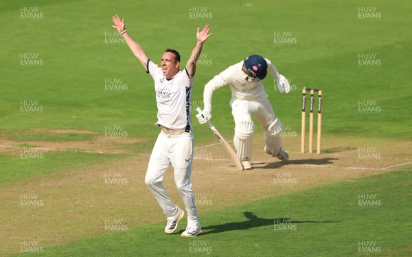 270826 - Glamorgan v Hampshire, Rothesay County Championship Division 1 - Kyle Abbott of Hampshire celebrates as he takes the wicket of Zain ul Hassan of Glamorgan