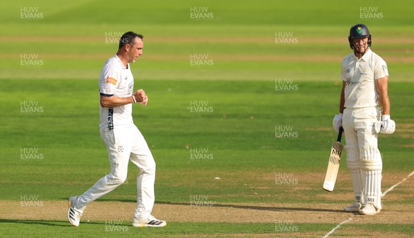 270826 - Glamorgan v Hampshire, Rothesay County Championship Division 1 - Kyle Abbott of Hampshire celebrates as he dismisses Colin Ingram of Glamorgan