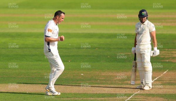 270826 - Glamorgan v Hampshire, Rothesay County Championship Division 1 - Kyle Abbott of Hampshire celebrates as he dismisses Colin Ingram of Glamorgan