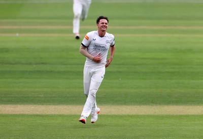 280826 - Glamorgan v Hampshire, Rothesay County Championship Division 1 - Sonny Baker of Hampshire celebrates taking the wicket of Mason Crane