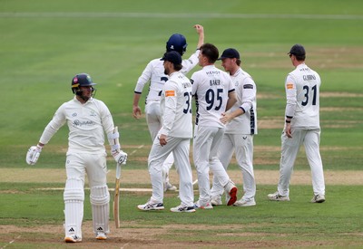 280826 - Glamorgan v Hampshire, Rothesay County Championship Division 1 - Sonny Baker of Hampshire celebrates taking the wicket of Mason Crane