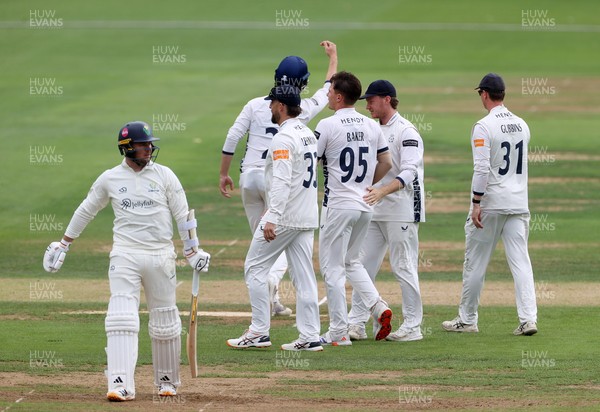 280826 - Glamorgan v Hampshire, Rothesay County Championship Division 1 - Sonny Baker of Hampshire celebrates taking the wicket of Mason Crane