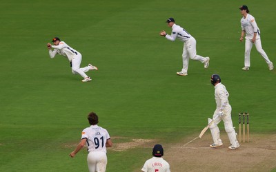 300826 Glamorgan v Hampshire, Rothesay County Championship Division 1 - Jake Lehmann of Hampshire catches Mason Crane of Glamorgan off the bowling of Eddie Jack of Hampshire