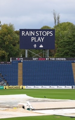 300826 Glamorgan v Hampshire, Rothesay County Championship Division 1 - Rain Stops Play graphics on the scoreboard at Sophia Gardens after play is interrupted