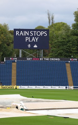 300826 Glamorgan v Hampshire, Rothesay County Championship Division 1 - Rain Stops Play graphics on the scoreboard at Sophia Gardens after play is interrupted