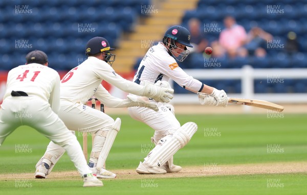 300826 Glamorgan v Hampshire, Rothesay County Championship Division 1 - Tom Prest of Hampshire hits a four over the heads of Chris Cooke of Glamorgan and Colin Ingram of Glamorgan