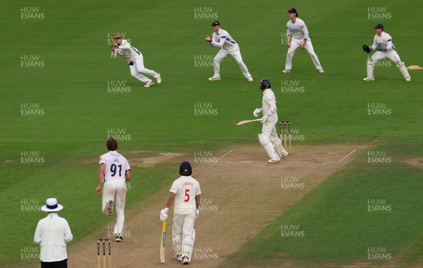 300826 Glamorgan v Hampshire, Rothesay County Championship Division 1 - Jake Lehmann of Hampshire catches Mason Crane of Glamorgan off the bowling of Eddie Jack of Hampshire