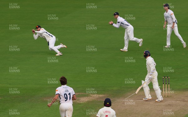 300826 Glamorgan v Hampshire, Rothesay County Championship Division 1 - Jake Lehmann of Hampshire catches Mason Crane of Glamorgan off the bowling of Eddie Jack of Hampshire