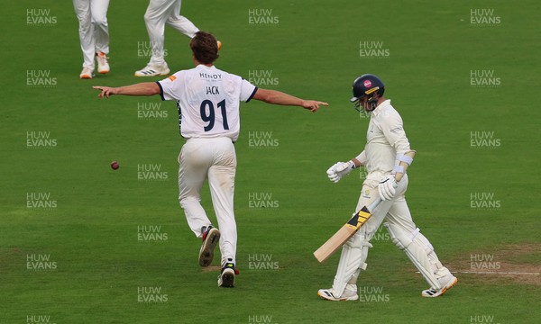 300826 Glamorgan v Hampshire, Rothesay County Championship Division 1 - Eddie Jack of Hampshire celebrates as he dismisses Mason Crane of Glamorgan