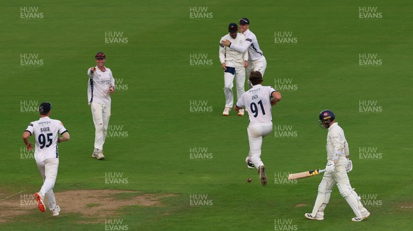 300826 Glamorgan v Hampshire, Rothesay County Championship Division 1 - Eddie Jack of Hampshire celebrates as he dismisses Mason Crane of Glamorgan
