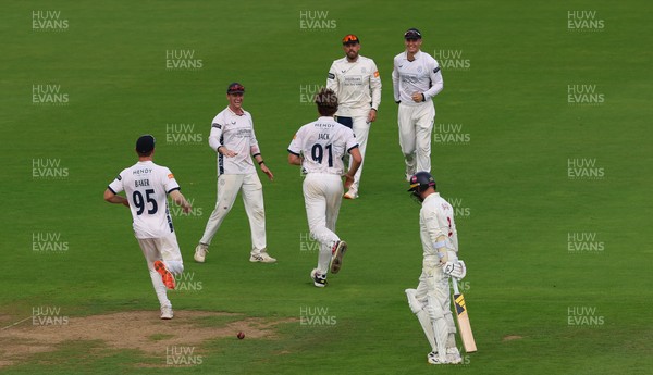 300826 Glamorgan v Hampshire, Rothesay County Championship Division 1 - Eddie Jack of Hampshire celebrates as he dismisses Mason Crane of Glamorgan