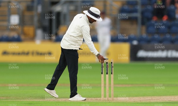 300826 Glamorgan v Hampshire, Rothesay County Championship Division 1 - Umpire Suri Shanmugam checks the light levels before stopping play, firstly for bad light and almost immediately rain