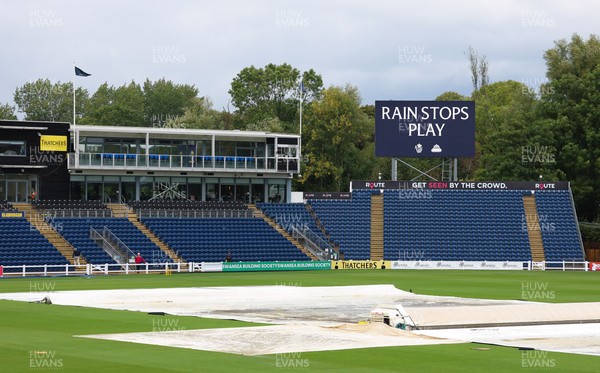 300826 Glamorgan v Hampshire, Rothesay County Championship Division 1 - Rain Stops Play graphics on the scoreboard at Sophia Gardens after play is interrupted