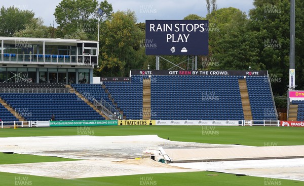 300826 Glamorgan v Hampshire, Rothesay County Championship Division 1 - Rain Stops Play graphics on the scoreboard at Sophia Gardens after play is interrupted
