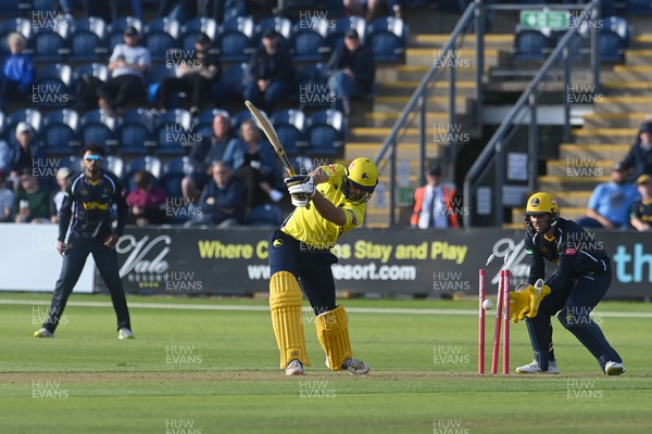 100622 - Glamorgan v Hampshire Hawks, T20 Vitality Blast - Ross Whiteley of Hampshire Hawks is bowled out by Andrew Salter of Glamorgan 