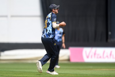 060725 - Glamorgan v Kent - T20, Vitality Blast - Will Smale of Glamorgan catches the ball to dismiss Daniel Bell-Drummond of Kent